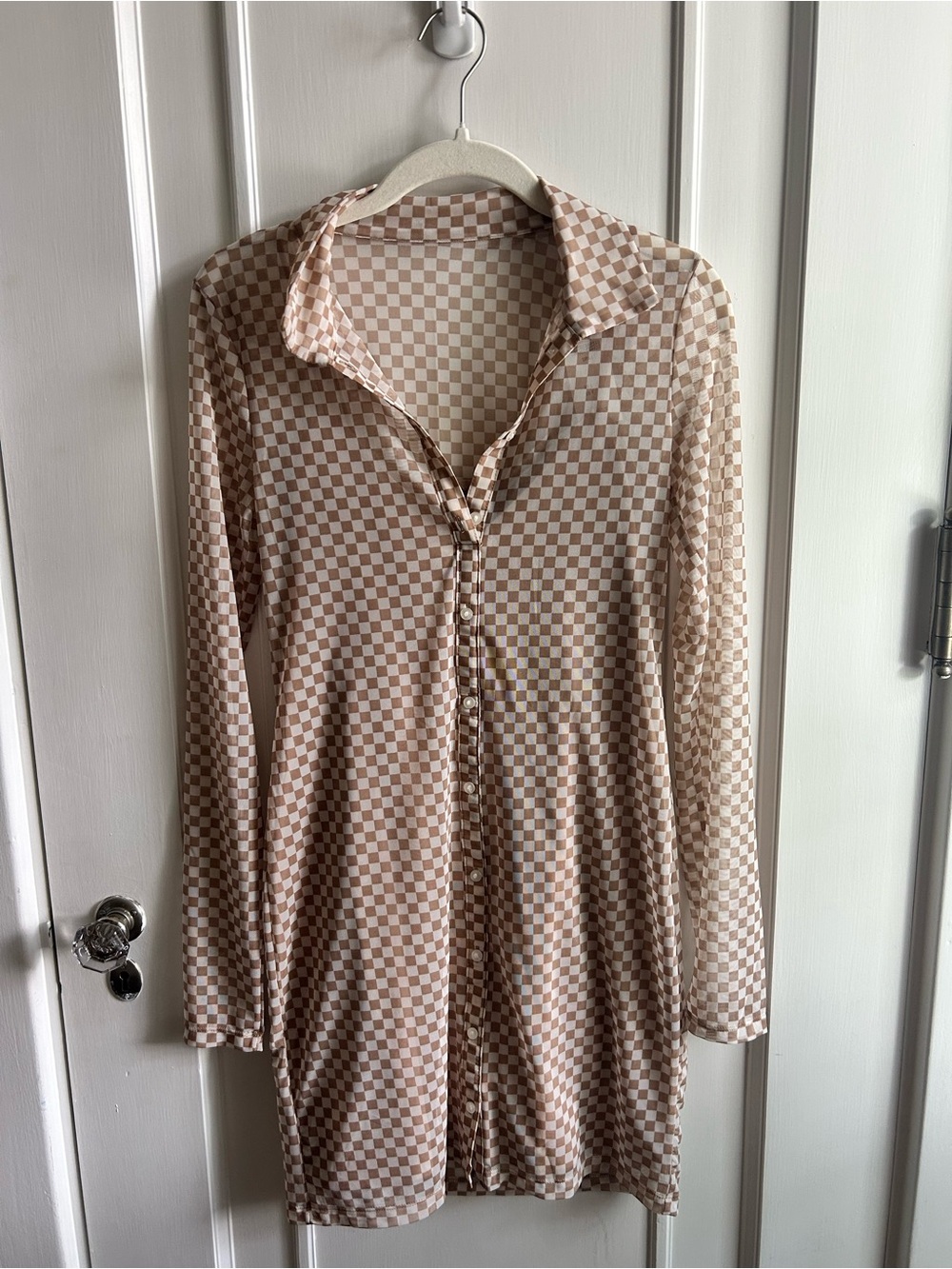 Abercrombie & Fitch Beige Checkered Long-Sleeve Shirt Dress